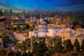 Futuristic theme park with alien landscape.